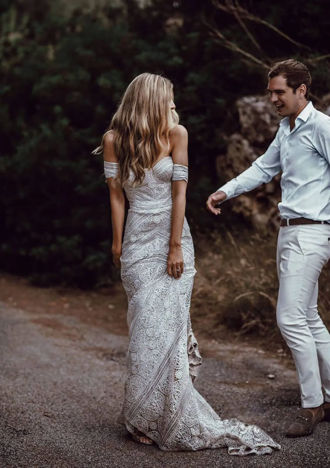 Sheath/Column Off Shoulder Sweep Train Lace Wedding Dress