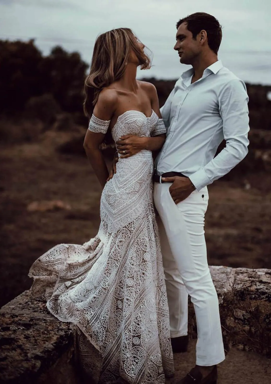 Sheath/Column Off Shoulder Sweep Train Lace Wedding Dress