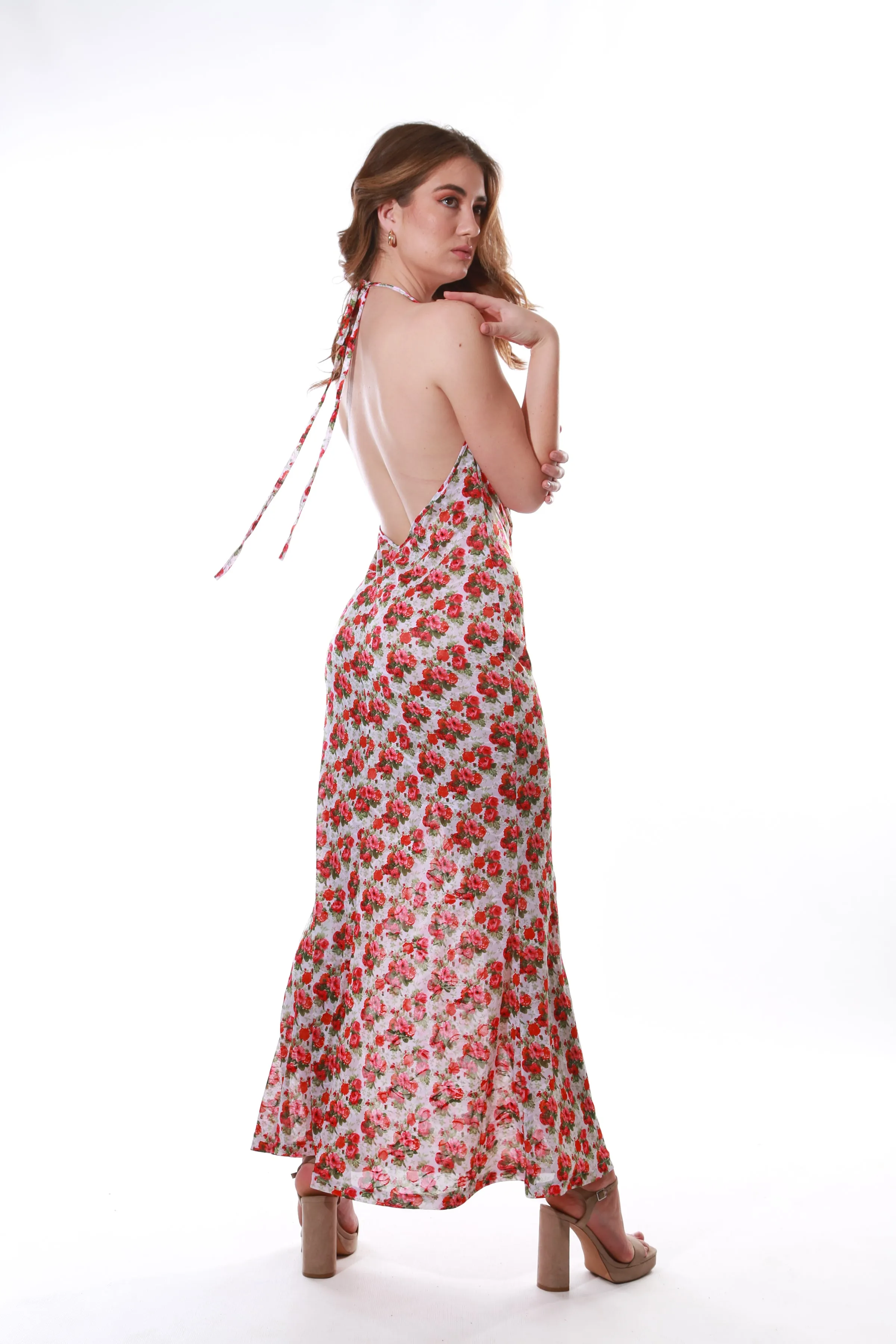Sheer Mesh cowl neck dress- Red floral