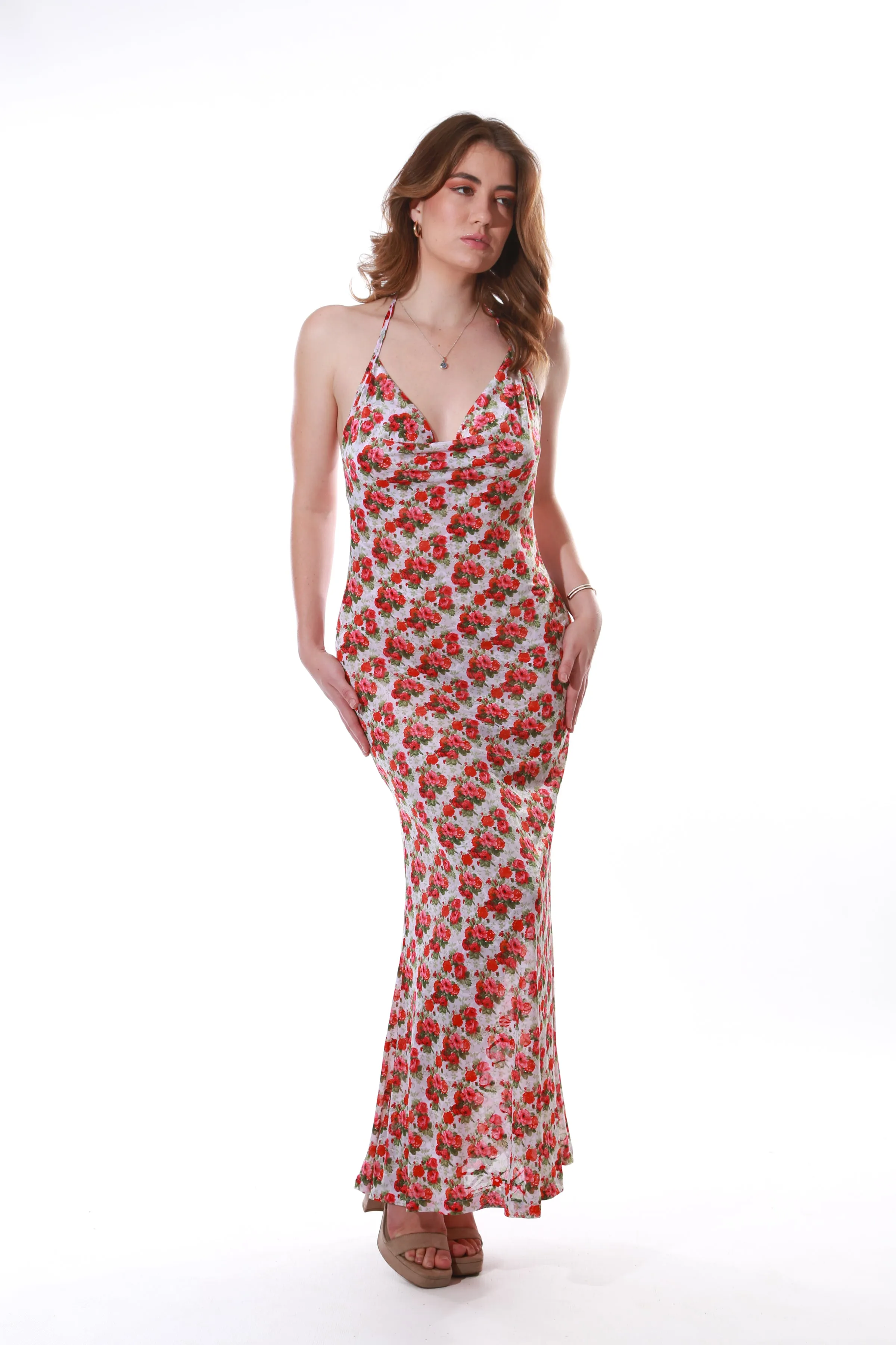 Sheer Mesh cowl neck dress- Red floral