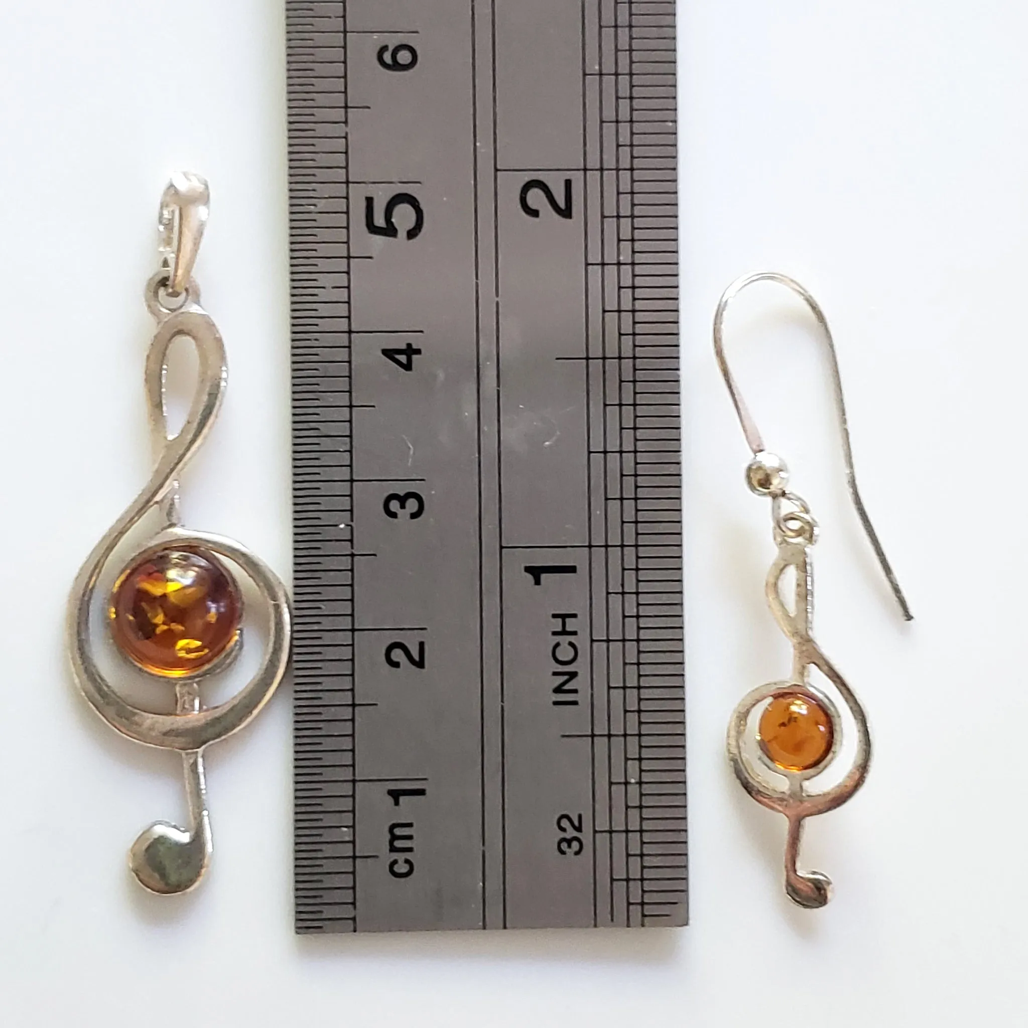 Silver Treble Clef Cognac Amber Pendant Earrings Set