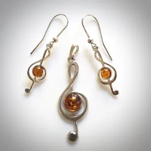 Silver Treble Clef Cognac Amber Pendant Earrings Set