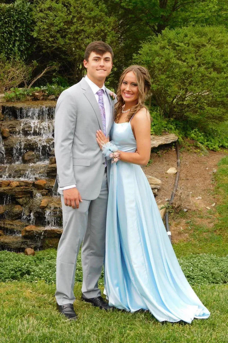 Simple blue satin long prom dress, blue long evening dress