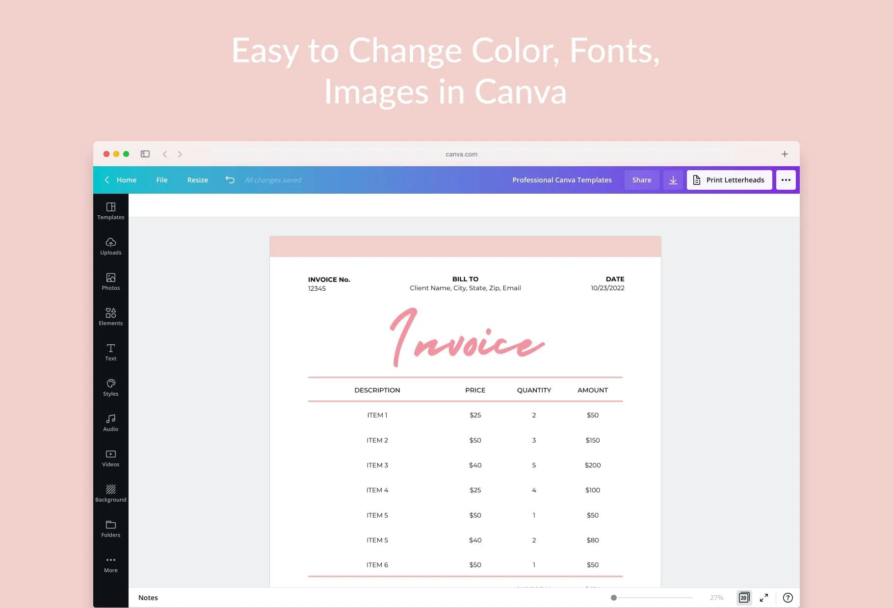 Spanish Pink Invoice Canva Template Printable and Editable