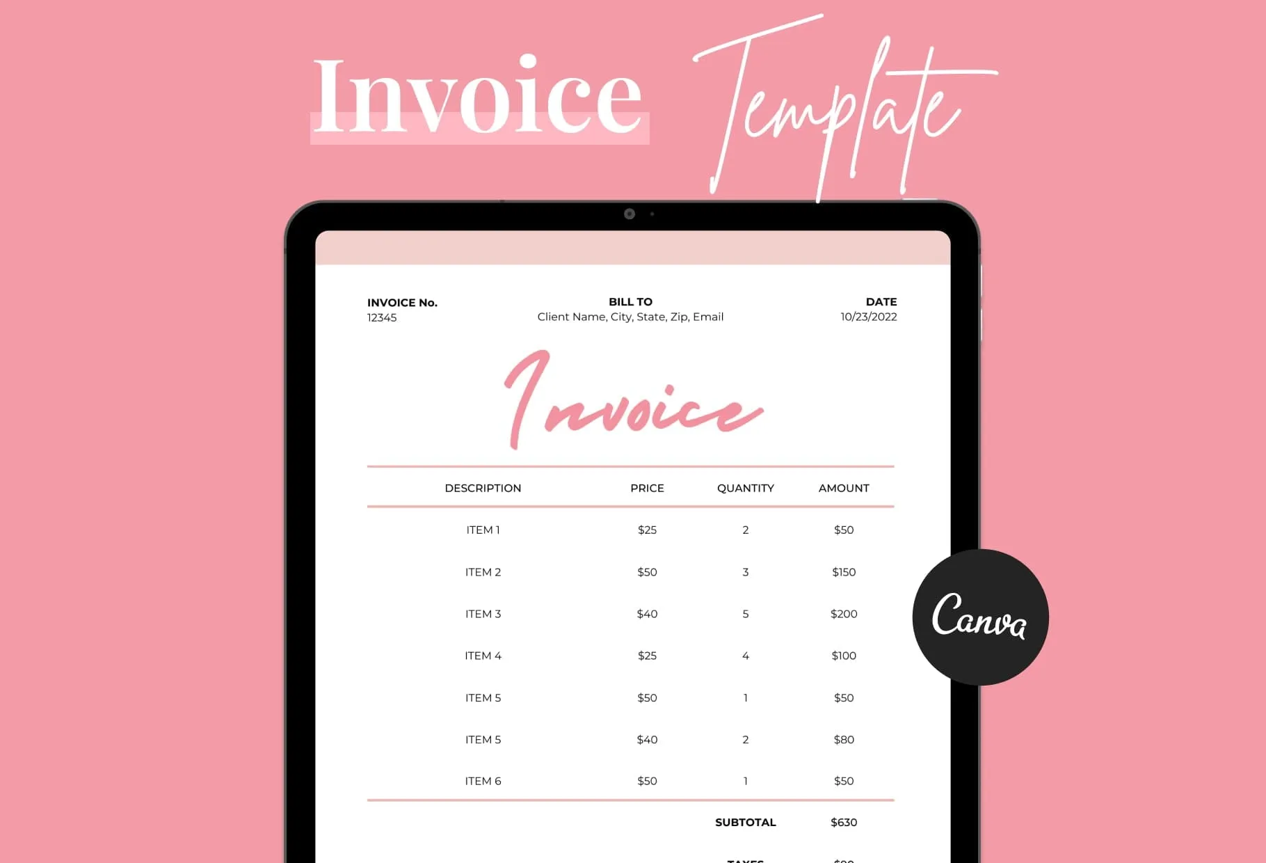 Spanish Pink Invoice Canva Template Printable and Editable