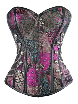 Steampunk Gothic Spiral Steel Boned Brocade Waist Cincher Overbust Corset with Chains