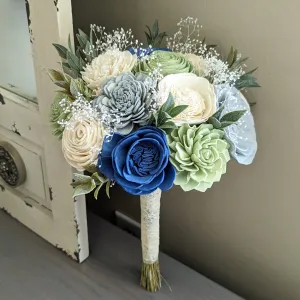 Steel Blue, Sage, Dusty Blue, and Ivory Bouquet with Baby's Breath and Greenery