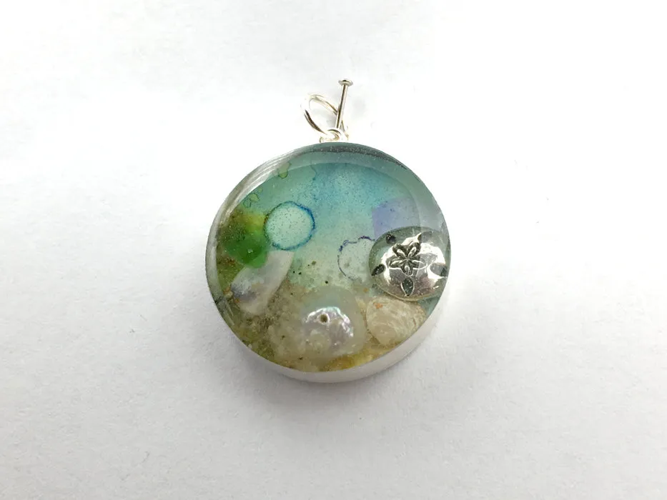 Sterling silver 25mm Round Pendant with Shell, Shells, Sand, Dollar, Sea glass, Sanddollar, Beach Haven, Taylor Ave, LBI New Jersey shore, tide pool,  alcohol ink art,  beach comber