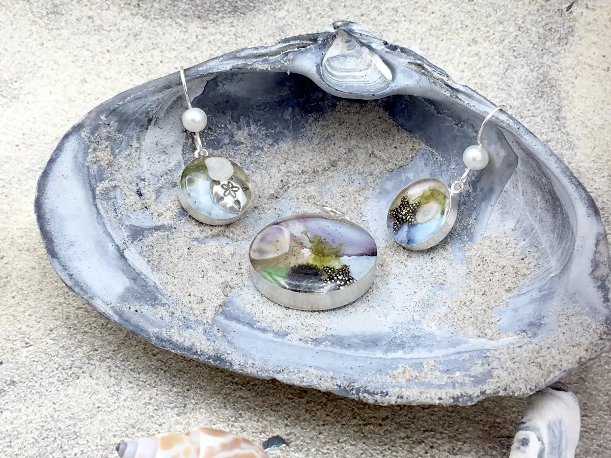 Sterling silver 25mm Round Pendant with Shell, Shells, sea Plant Sand, Sea glass, Star fish, LBI, Harvey Cedars, New Jersey shore, tide pool, starfish, alcohol ink art,  beach comber
