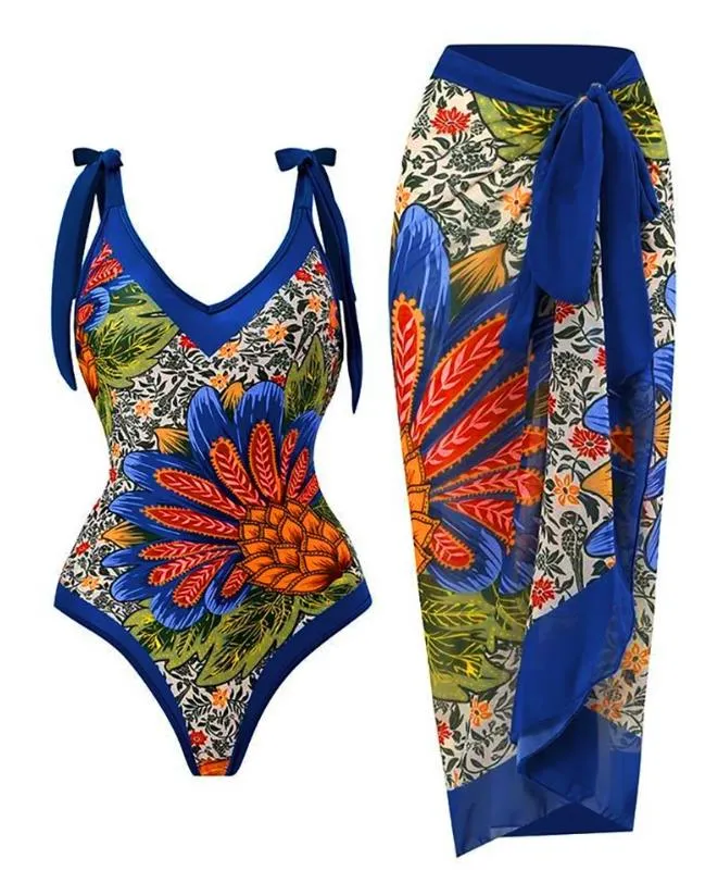 Summer Beach Women One-Piece Swimsuit with Cover Up Plants Pineapple Print Summer Fashion Sexy Tied Detail Vacation Swimwear
