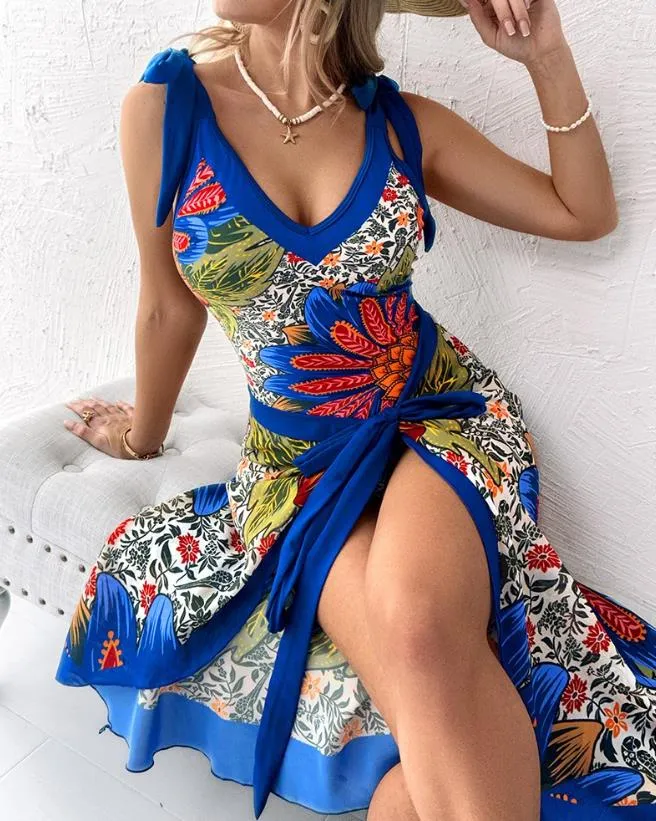 Summer Beach Women One-Piece Swimsuit with Cover Up Plants Pineapple Print Summer Fashion Sexy Tied Detail Vacation Swimwear