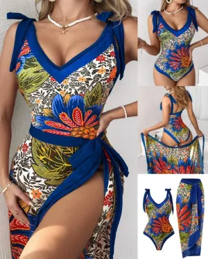 Summer Beach Women One-Piece Swimsuit with Cover Up Plants Pineapple Print Summer Fashion Sexy Tied Detail Vacation Swimwear
