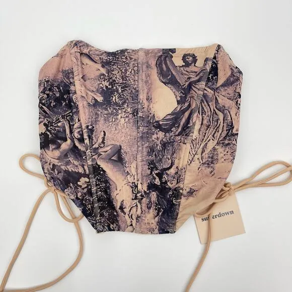 Superdown | Maeve Angel Toile Print Mesh Corset &amp; Mini Skirt Set XS