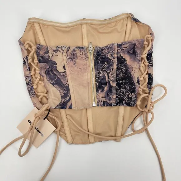 Superdown | Maeve Angel Toile Print Mesh Corset &amp; Mini Skirt Set XS