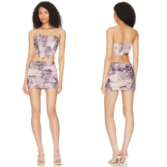 Superdown | Maeve Angel Toile Print Mesh Corset &amp; Mini Skirt Set XS