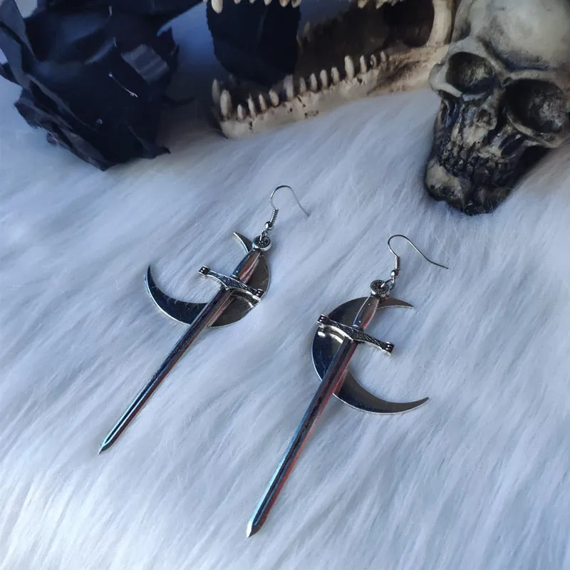 Swords black moon earrings Witchy warrior pagan  gothic medieval silver color Classic warrior gift women 2021 new fashion