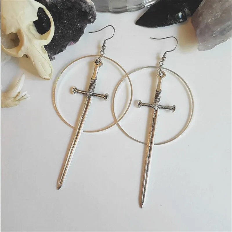 Swords black moon earrings Witchy warrior pagan  gothic medieval silver color Classic warrior gift women 2021 new fashion