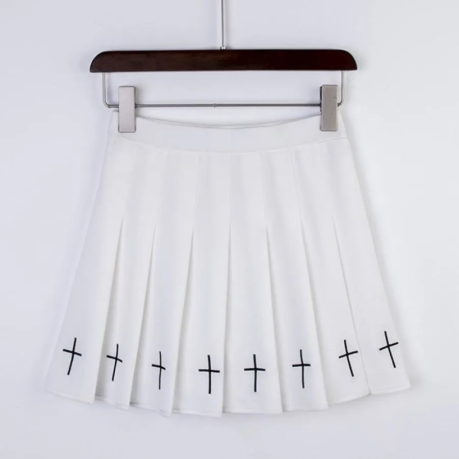 The Cross Embroidery High Waist Pleated Skirt J40017