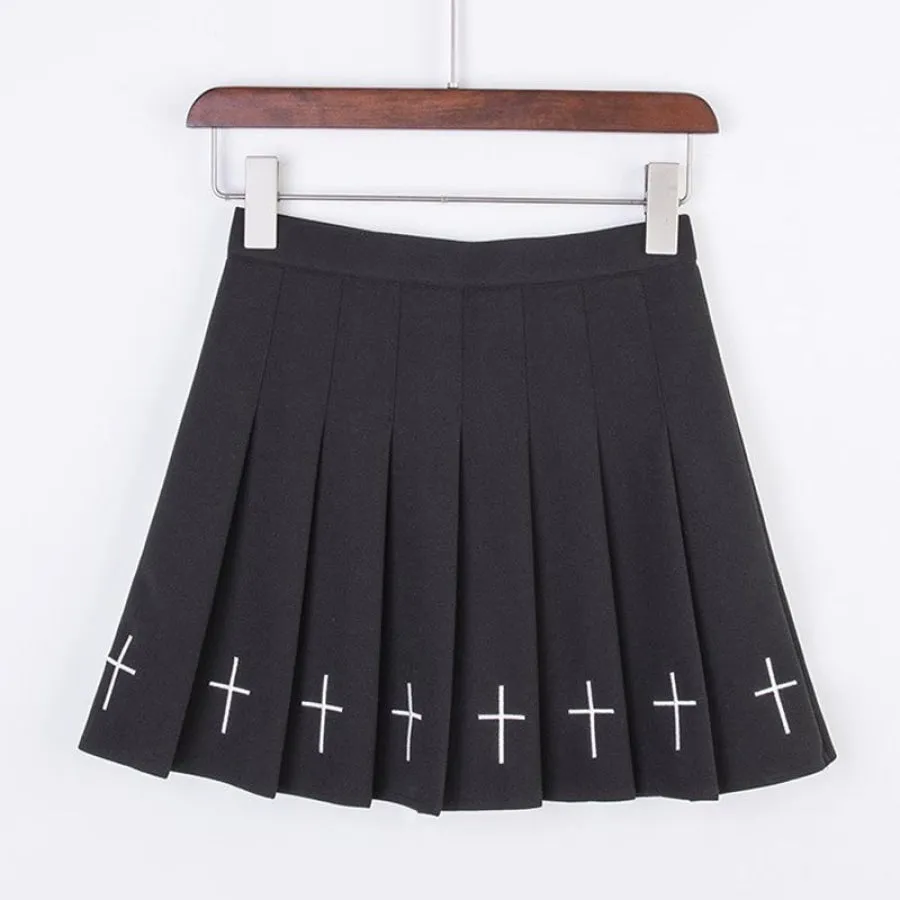 The Cross Embroidery High Waist Pleated Skirt J40017