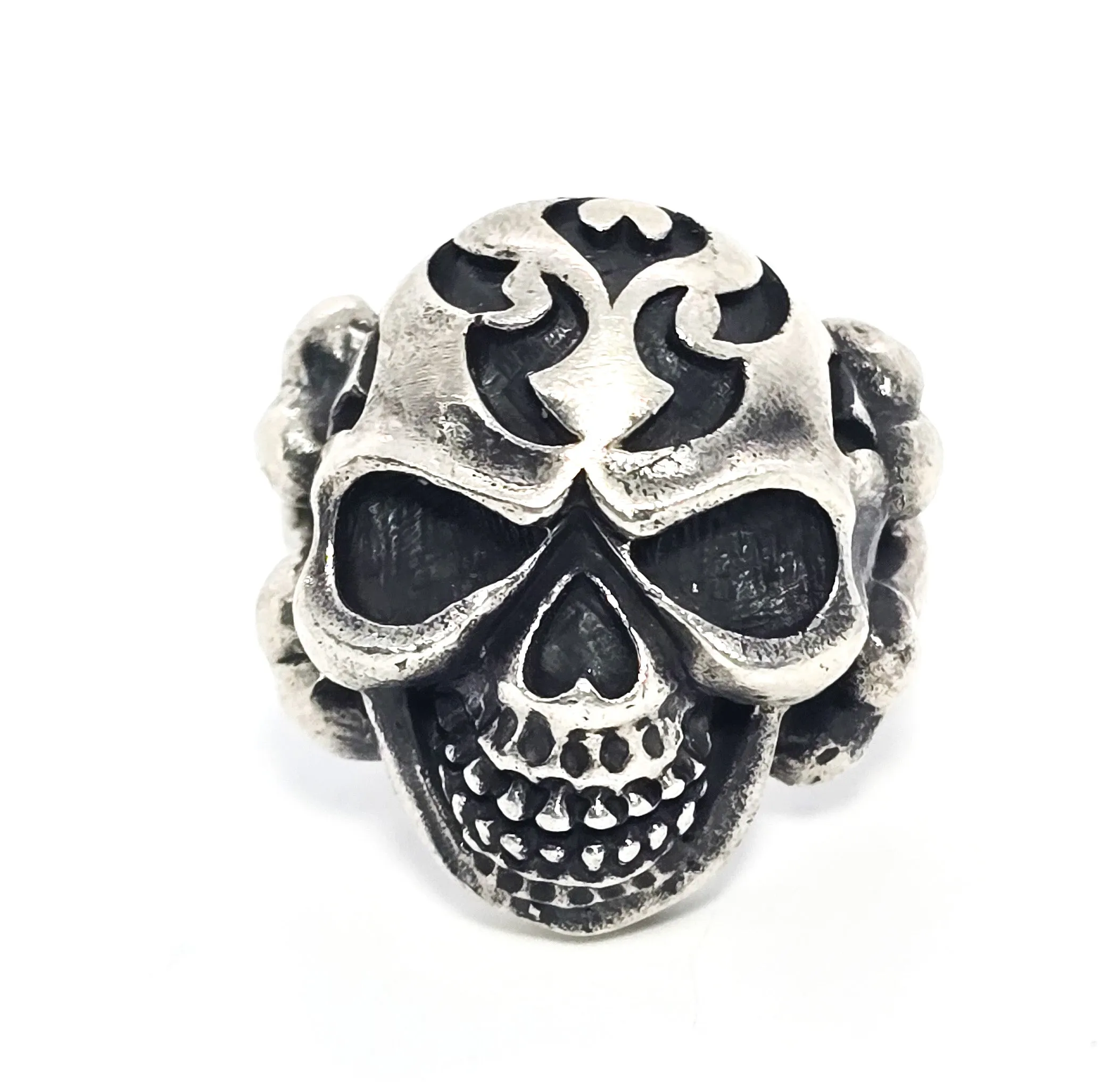 Thick Skull tribal flame cross bones retro biker sterling silver goth ring size 10.5