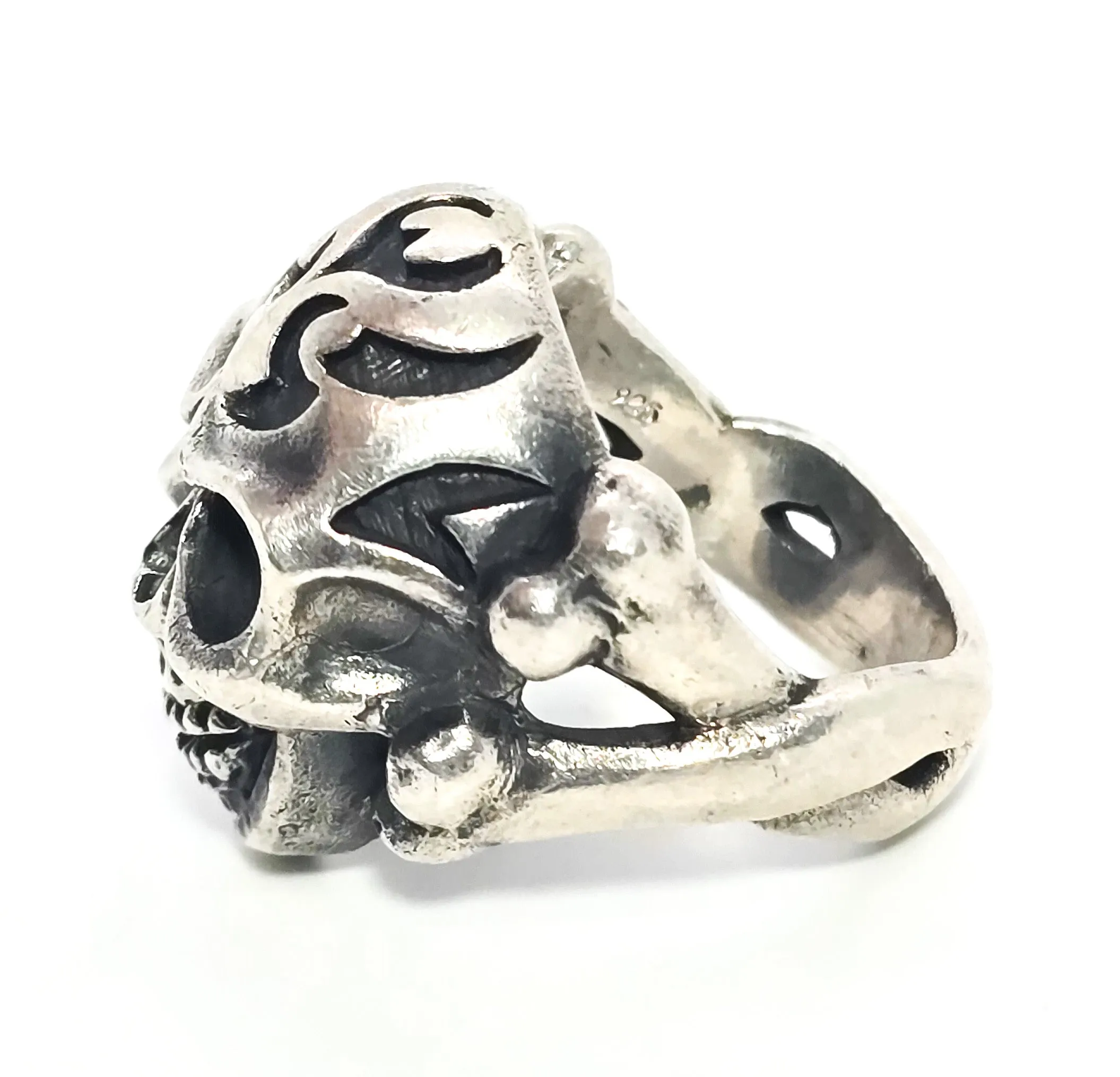 Thick Skull tribal flame cross bones retro biker sterling silver goth ring size 10.5