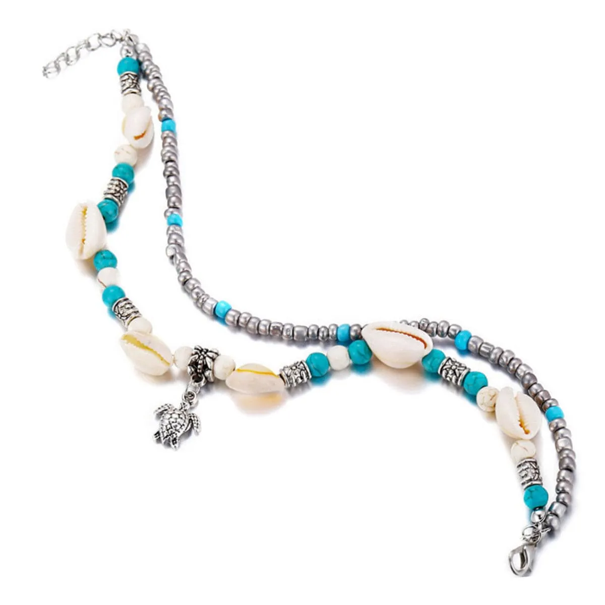 Turquoise & Silver-Plated Tortoise Charm Anklet