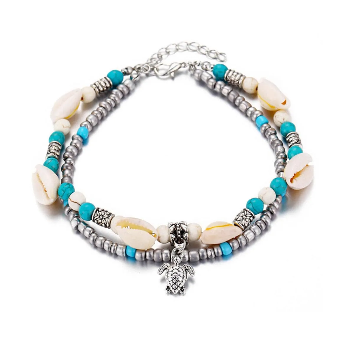 Turquoise & Silver-Plated Tortoise Charm Anklet