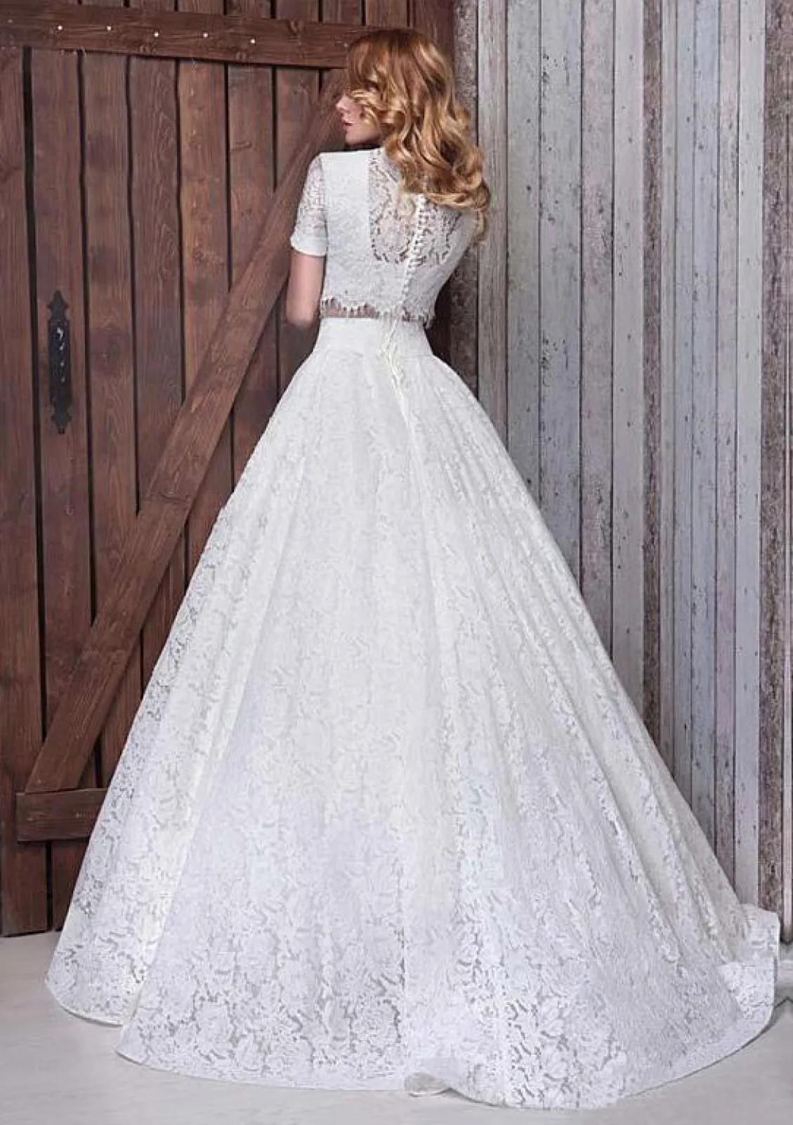 Two Piece Ball Gown Short Sleeve Floor Length Sweep Lace Wedding Dress