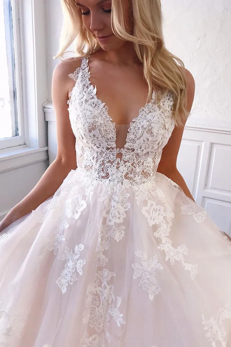 unique v neck tulle lace long prom dress, lace wedding dress