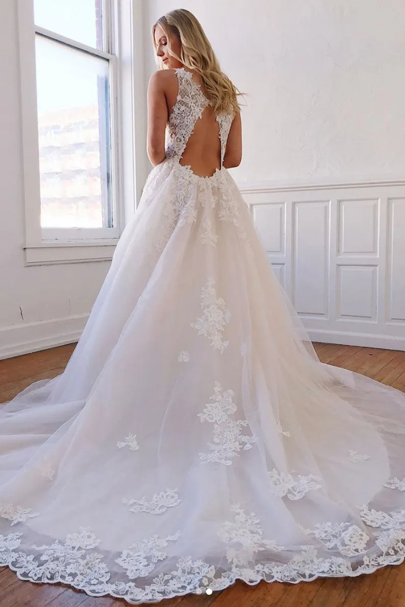 unique v neck tulle lace long prom dress, lace wedding dress