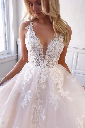 unique v neck tulle lace long prom dress, lace wedding dress