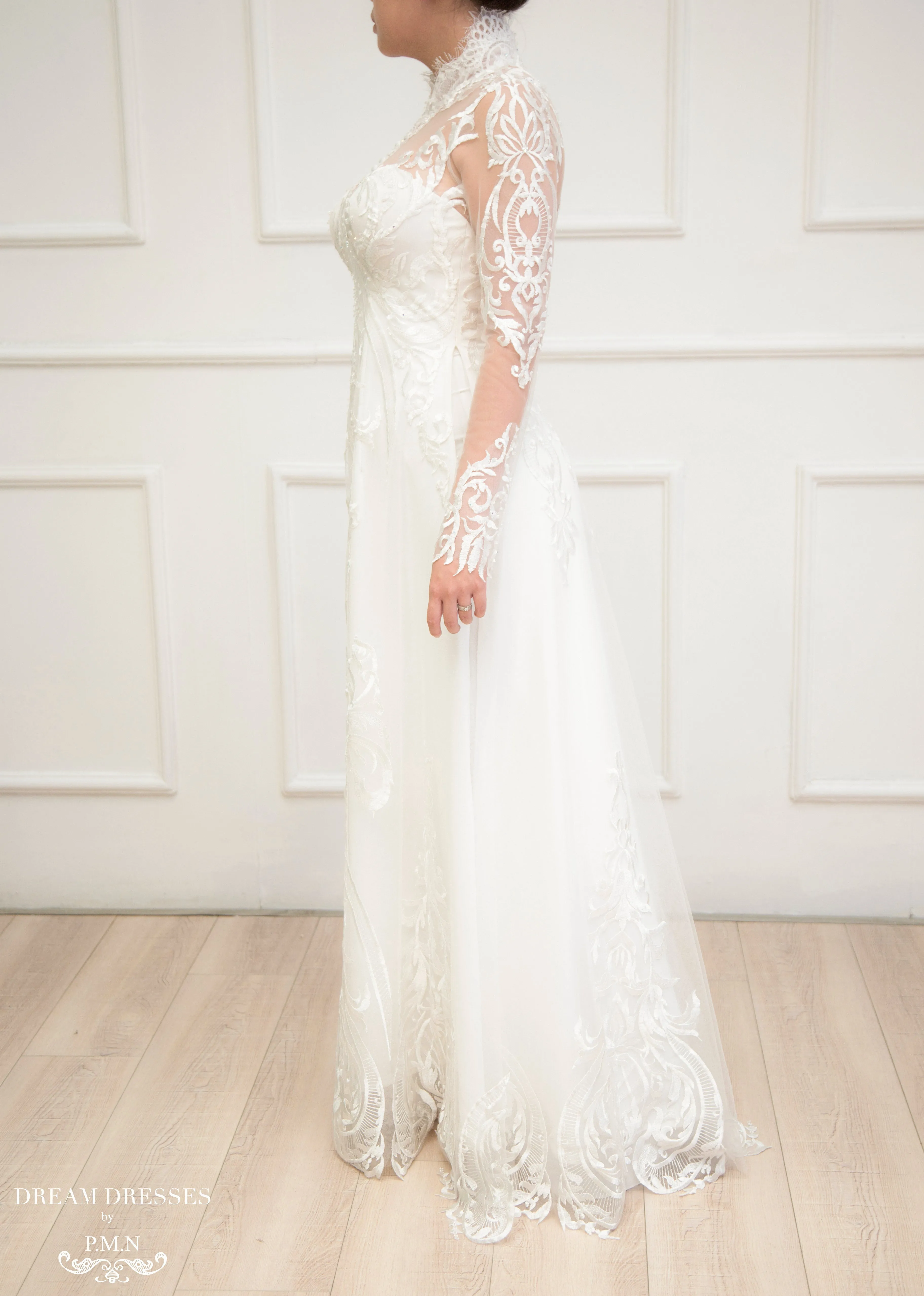 White Bridal Ao Dai | Modern Vietnamese Lace Bridal Dress (#YVONNE)