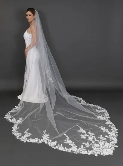 White Cathedral 120"L x 108" Floral Lace Vine Appliqués Veil