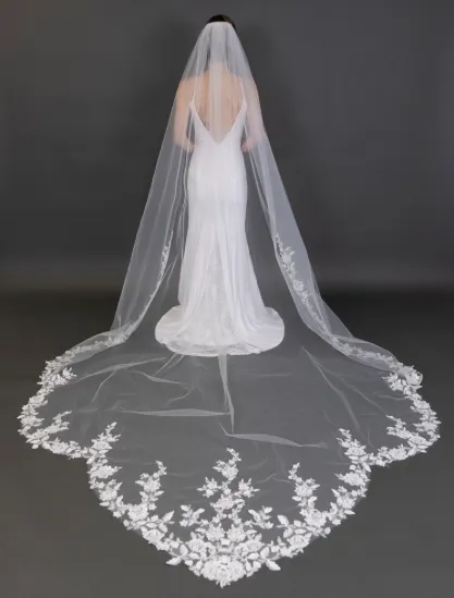 White Cathedral 120"L x 108" Floral Lace Vine Appliqués Veil