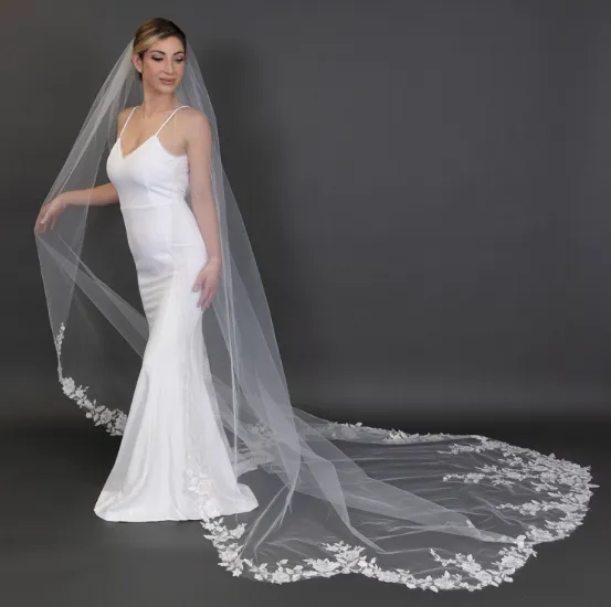 White Cathedral 120"L x 108" Floral Lace Vine Appliqués Veil