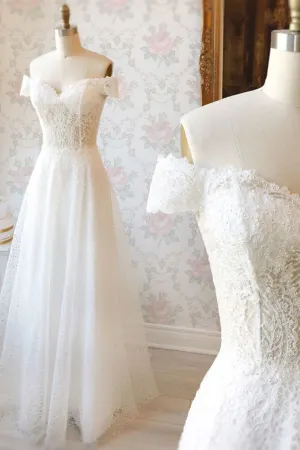 White lace off shoulder long prom dress white lace evening dress