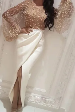 White round neck beads mermaid long prom dress white evening dress