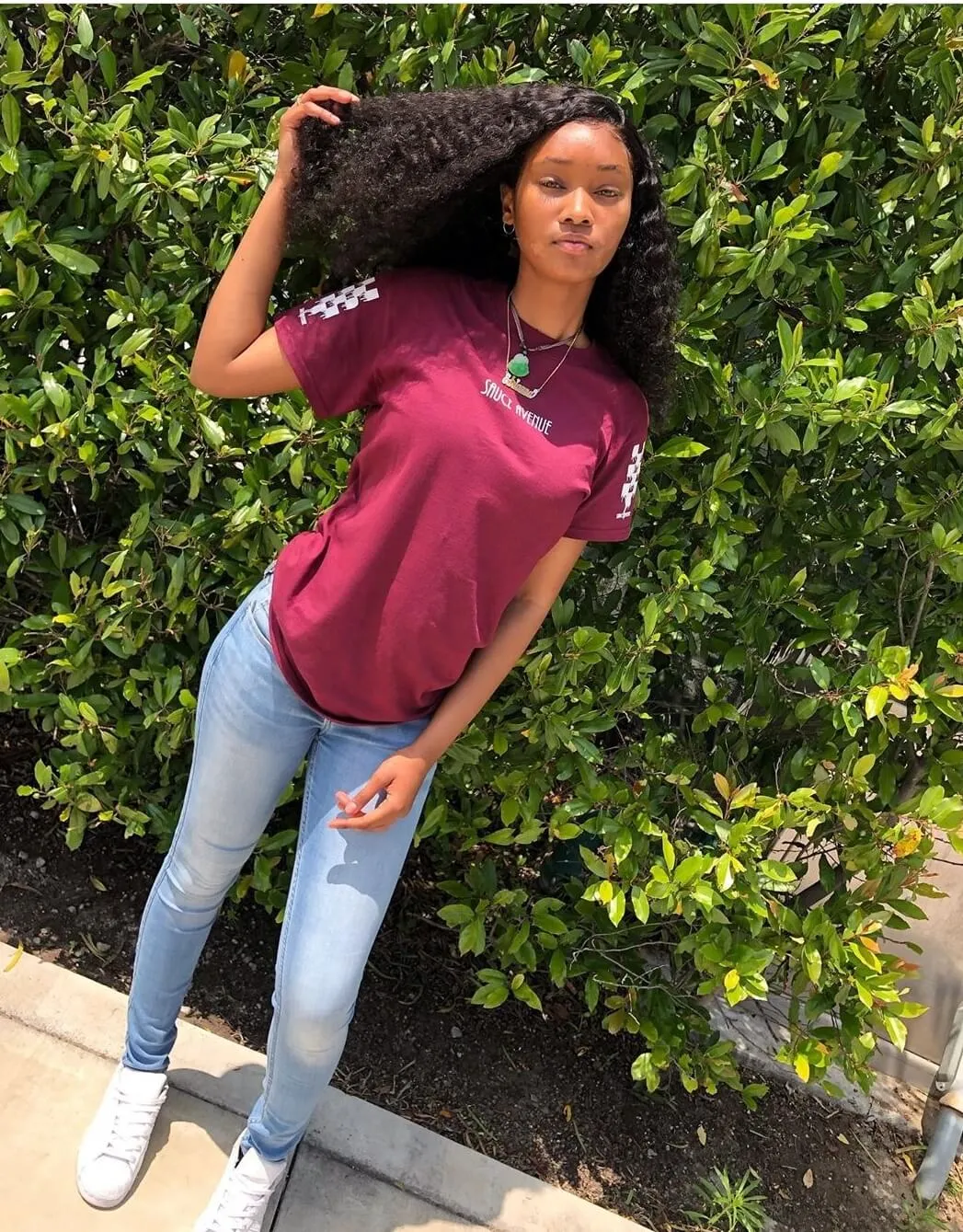White SA | Maroon Tee (Solid Checkered Drippin Sleeves)