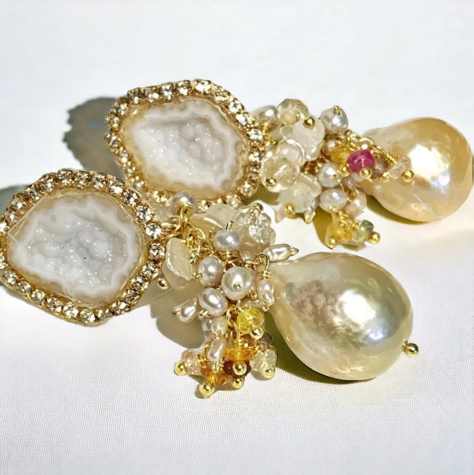 White Tabasco Geode Wedding Earrings with Ivory Edison Pearls