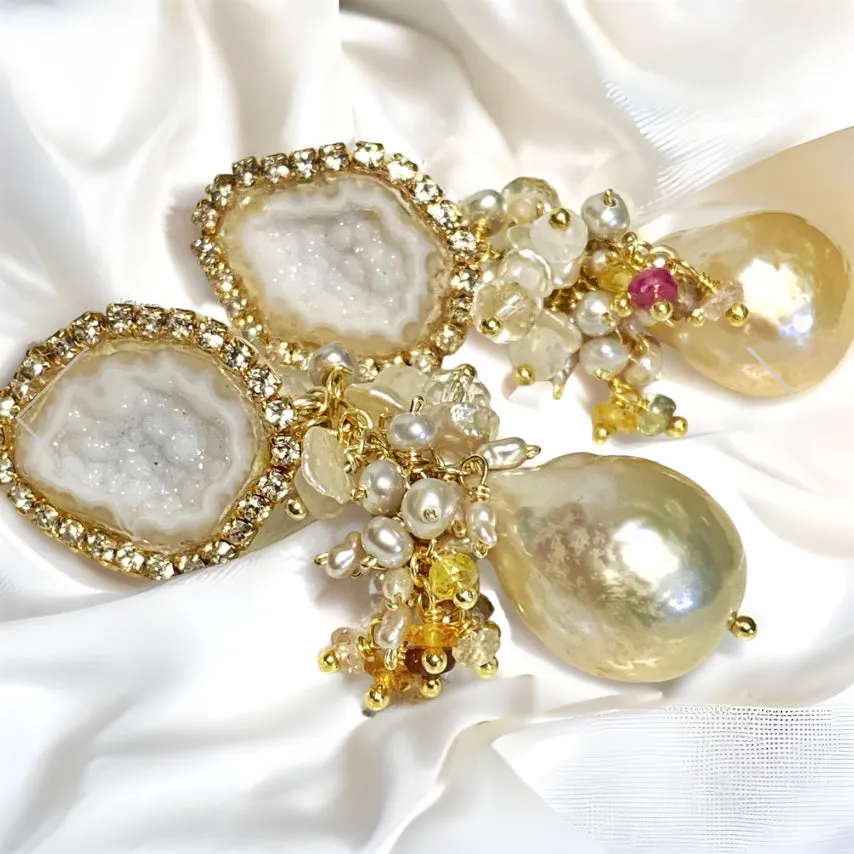 White Tabasco Geode Wedding Earrings with Ivory Edison Pearls
