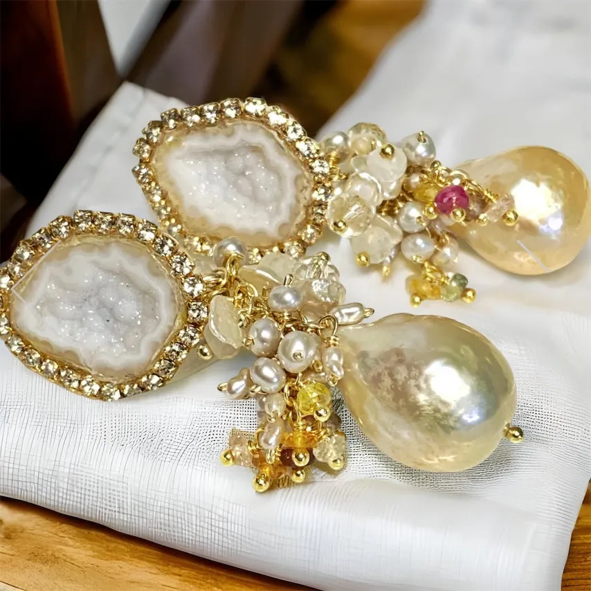 White Tabasco Geode Wedding Earrings with Ivory Edison Pearls