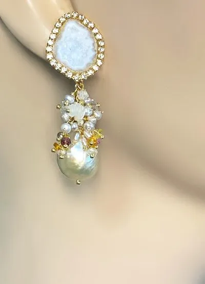 White Tabasco Geode Wedding Earrings with Ivory Edison Pearls