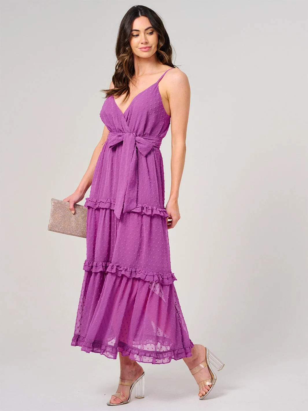 WOMEN'S SLEEVELESS SURPLICE SWISS DOT TIERED MAXI DRESS