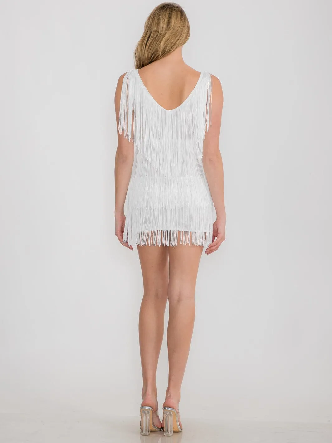 WOMEN'S SLEEVELESS V-NECK FRINGE SHIMMER MINI DRESS