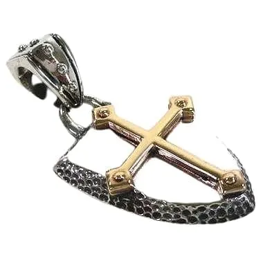 Yellow Gold Cross Shield Sterling Silver Rocker Pendant