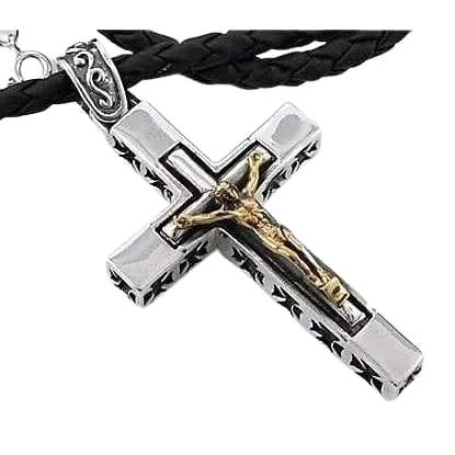 Yellow Gold Jesus Cross Crucifix Sterling Silver Mens Pendant
