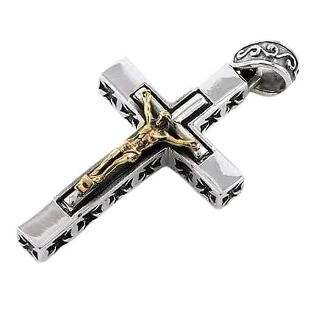 Yellow Gold Jesus Cross Crucifix Sterling Silver Mens Pendant