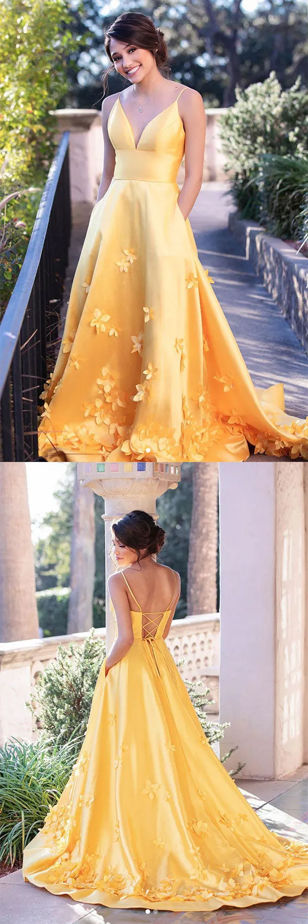 Yellow  satin long prom dress yellow evening dress
