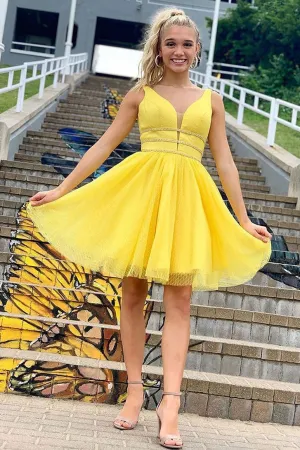 Yellow tulle lace short prom dress yellow homecoming dress
