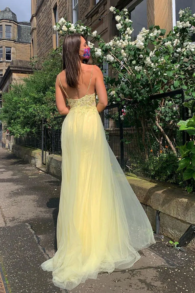 Yellow v neck tulle lace long prom dress yellow formal dress